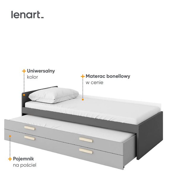 POK PO-14 - Łóżko Dolne z Materacem Grafit/Buk Ibsen/Szary Jasny