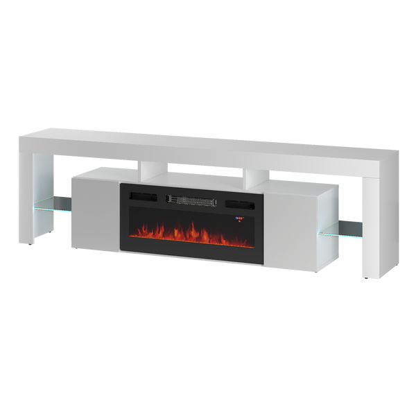 SOLEO-01 - Komoda RTV 2D z Oświetleniem LED i Kominkiem Elektrycznym Biały Mat Biały Połysk