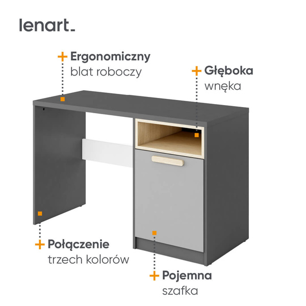 POK PO-09 - Biurko 1-drzwiowe Grafit/Buk Ibsen/Szare Jasne
