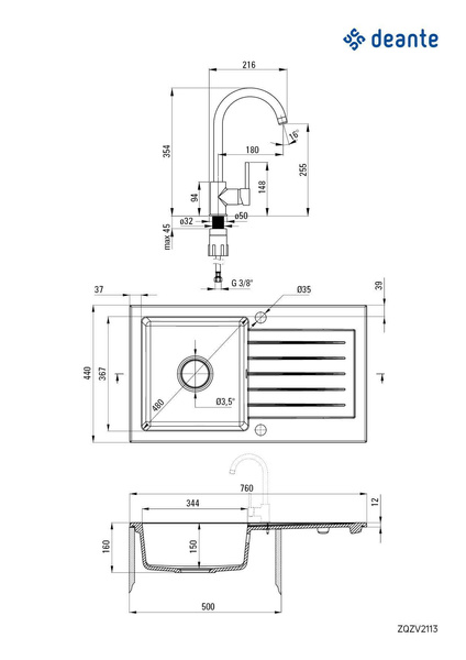 Zlewozmywak granitowy z baterią 1-komorowy z ociekaczem Zorba