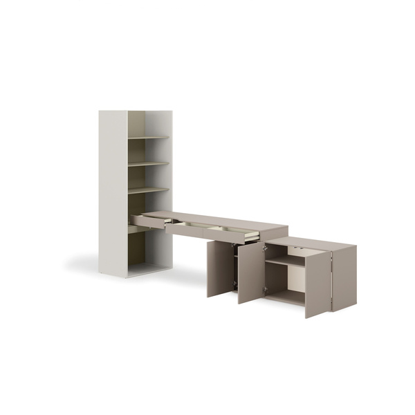 WOOW SET-WOS8PE - Zestaw Komoda i Biurko Prawe/Regał Szeroki Szampański/Eukaliptus/Clay Grey