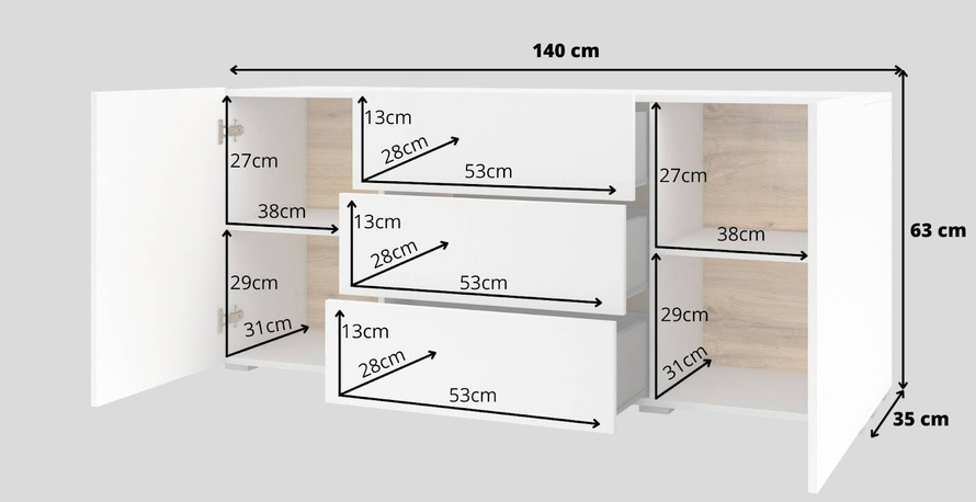 Ava Komoda 2D3S Biały Mat/Dąb Wotan