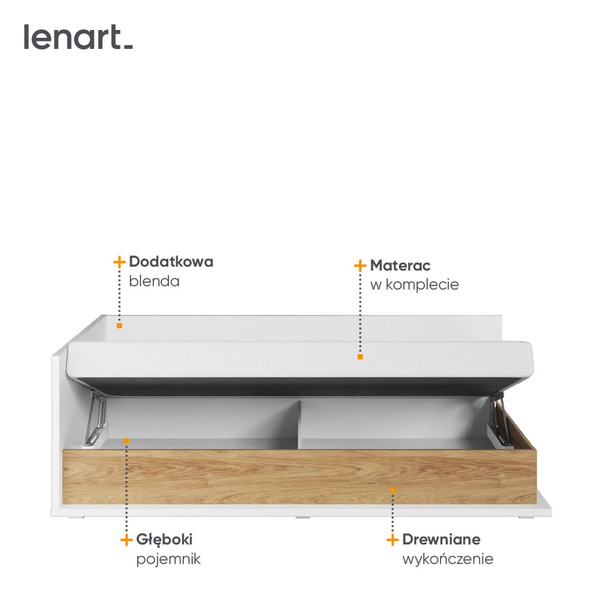 SIMI MS-09L - Łóżko 90 cm Lewe Z Materacem Białe/Hikora Naturalna