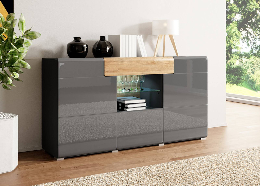 Toledo WM Komoda 3D1S Antracyt Połysk / Dąb Grandson