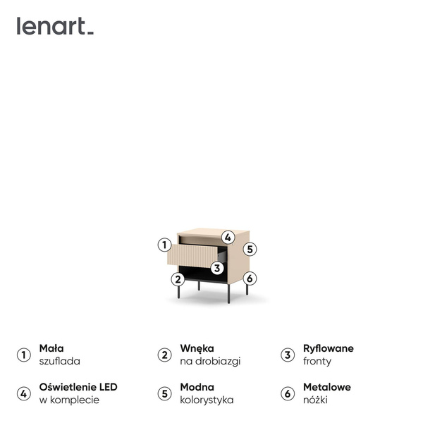 TREND TS-10 - Szafka Nocna 1 Szuflada z LED Beż Piaskowy Czarny Mat