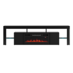 SOLEO-01 - Komoda RTV 2D z Oświetleniem LED i Kominkiem Elektrycznym Czarny Mat Czarny Połysk