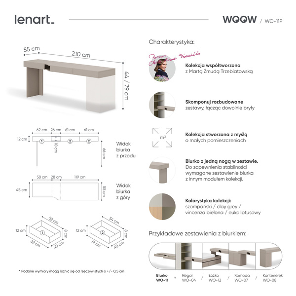 WOOW WO-11P - Biurko Prawe 3 Szuflady Szampański/Clay Grey