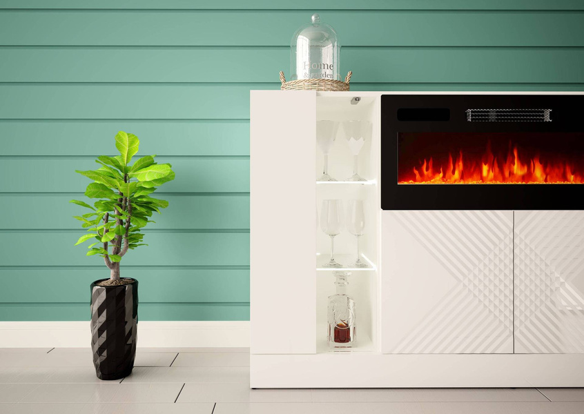 DIUNA-01 - Komoda 4D z Oświetleniem LED i Kominkiem Elektrycznym Biały Mat Biały Połysk