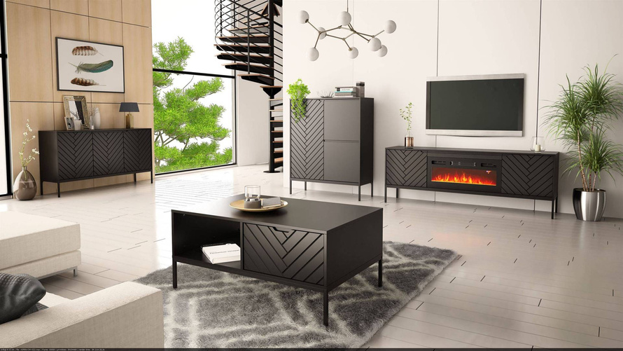 ASPEN-02 - Komoda RTV 2D z Kominkiem Elektrycznym Czarny Mat Czarny Stelaż