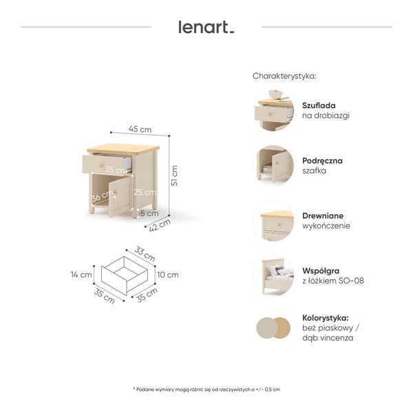 STORY SO-07 - Szafka Nocna 1D1S Beż Piaskowy Dąb Vincenza Bielona