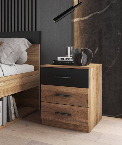 Beta – Szafka Nocna 3 Szuflady Dąb Mauvella Czarny mat
