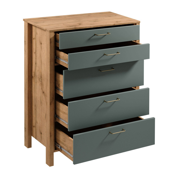 Indygo K5S - Komoda 5 Szuflad Dąb Wotan/Zielony