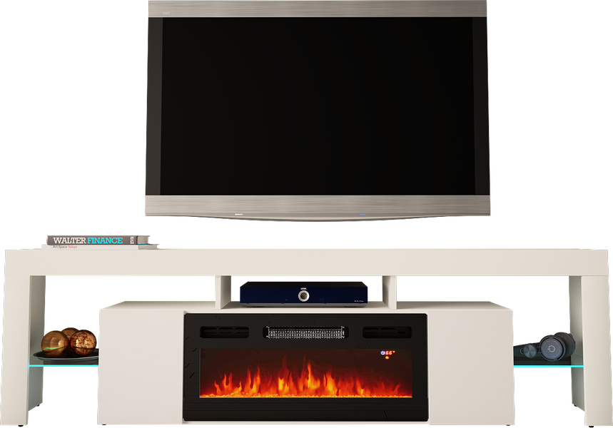 SOLEO-01 - Komoda RTV 2D z Oświetleniem LED i Kominkiem Elektrycznym Biały Mat Biały Połysk