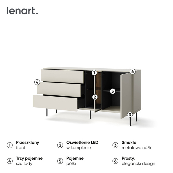 EPIRO EP-04 - Komoda 1D3S1W 161 cm z Oświetleniem Kaszmir Dąb Ciemny