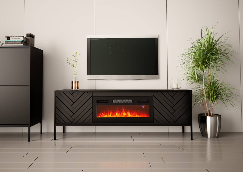ASPEN-02 - Komoda RTV 2D z Kominkiem Elektrycznym Czarny Mat Czarny Stelaż
