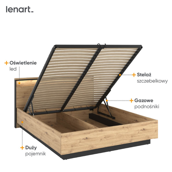 QUANT QS-02 (160) - Łóżko 160 Z Pojemnikiem I Oświetleniem Dąb Artisan/Czarne