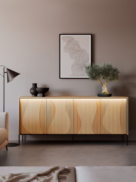 FLOW FW-04 - Komoda 4D z Oświetleniem Dąb Vincenza Bielona Czarny Mat