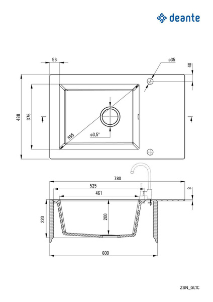 Zlewozmywak szklano-granitowy 1-komorowy z ociekaczem Andante Glass