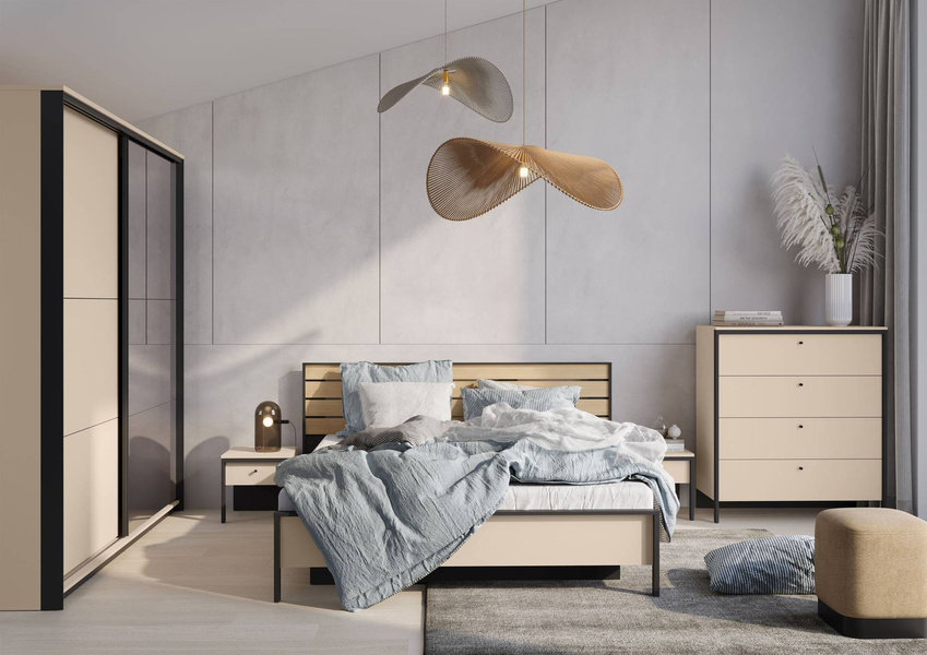 ENNA EN-02(180) - Łóżko 180 cm ze Stelażem i Oświetleniem LED Beżowy Czarny