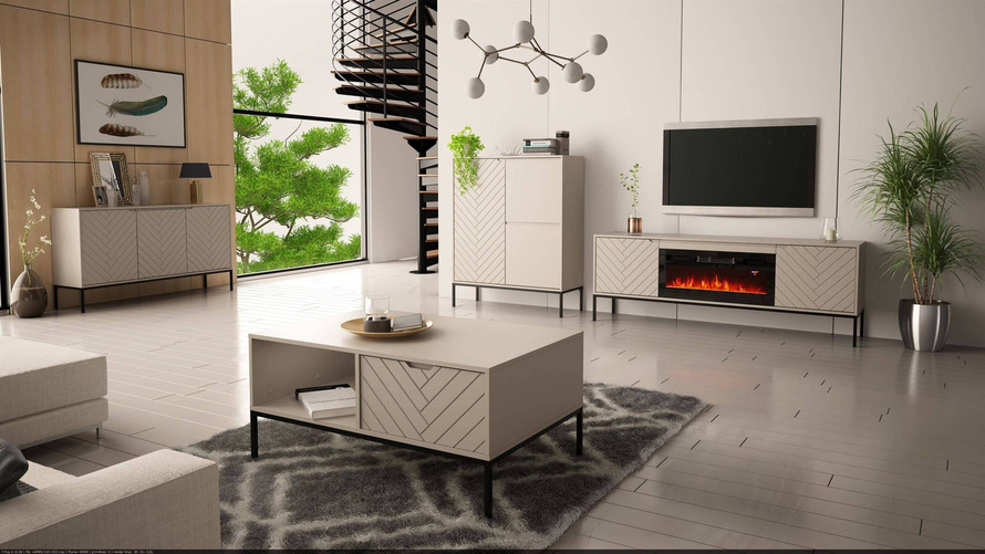 ASPEN-02 - Komoda RTV 2D z Kominkiem Elektrycznym Kaszmir Czarny Stelaż