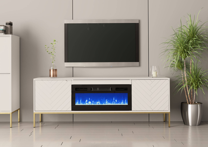 ASPEN-02 - Komoda RTV 2D z Kominkiem Elektrycznym Biały Mat Złoty Stelaż