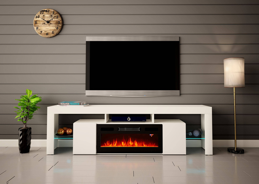 SOLEO-01 - Komoda RTV 2D z Oświetleniem LED i Kominkiem Elektrycznym Biały Mat Biały Połysk