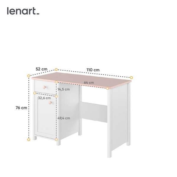 LUNA LN-03 - Biurko 1D1S Białe/Różowe