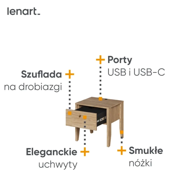 COZY CZ-05 - Stolik Nocny 1 Szuflada Porty USB Dąb Olejowany