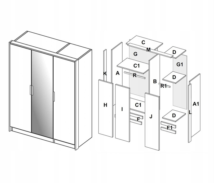 Asti AS-13-WB - Szafa 3-drzwiowa z Lustrem Dąb Craft Biały Połysk