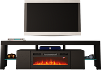 SOLEO-01 - Komoda RTV 2D z Oświetleniem LED i Kominkiem Elektrycznym Czarny Mat Czarny Połysk