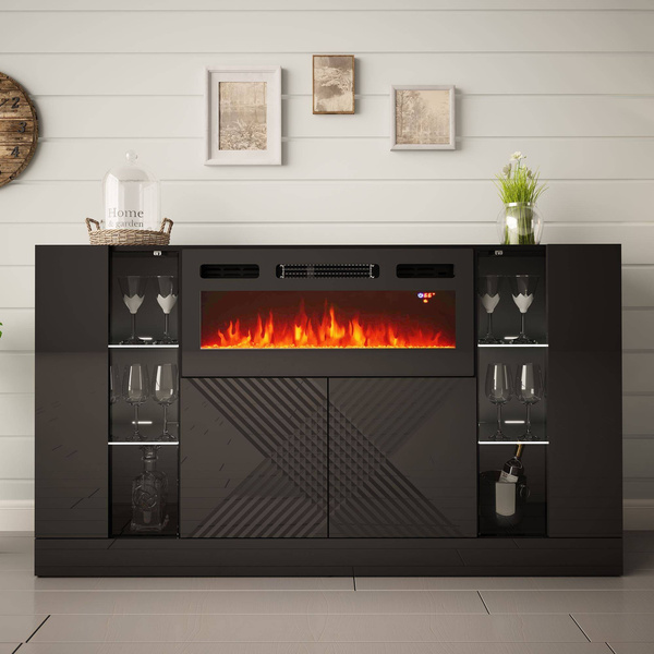 DIUNA-01 - Komoda 4D z Oświetleniem LED i Kominkiem Elektrycznym Czarny Mat Czarny Połysk