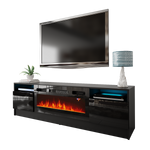 DUKE-01 - Komoda RTV 2D z Oświetleniem LED i Kominkiem Elektrycznym Czarny Mat Czarny Połysk