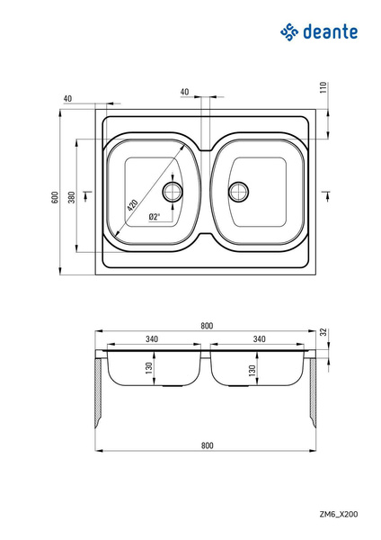 Zlewozmywak stalowy 2-komorowy - nakładany Tango