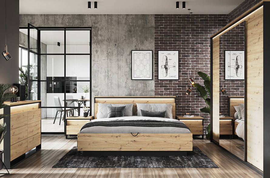 QUANT QS-02 (160) - Łóżko 160 ze Stelażem i Oświetleniem Dąb Artisan/Czarne