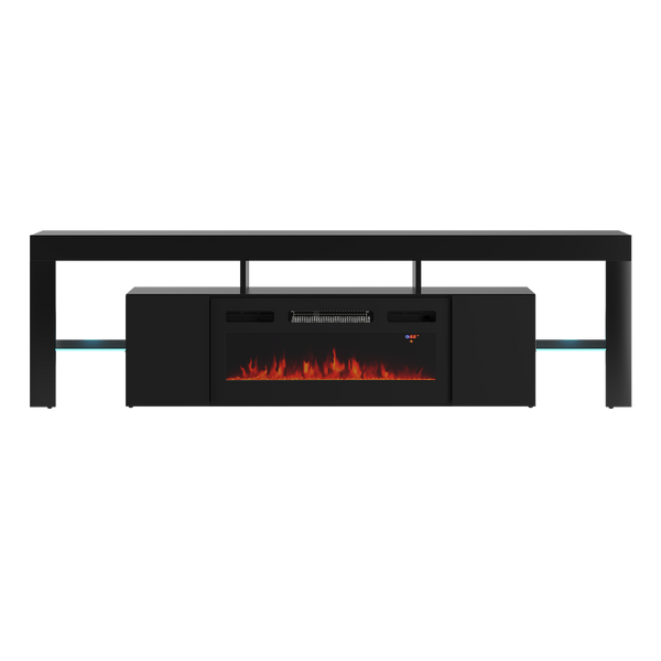 SOLEO-01 - Komoda RTV 2D z Oświetleniem LED i Kominkiem Elektrycznym Czarny Mat Czarny Połysk