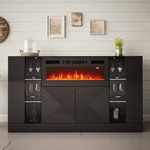 DIUNA-01 - Komoda 4D z Oświetleniem LED i Kominkiem Elektrycznym Czarny Mat Czarny Połysk