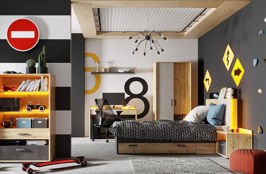 QUBIC QB-03 - Szafa 2D1S Z Oświetleniem Dąb Artisan/Stal/Silk Flou