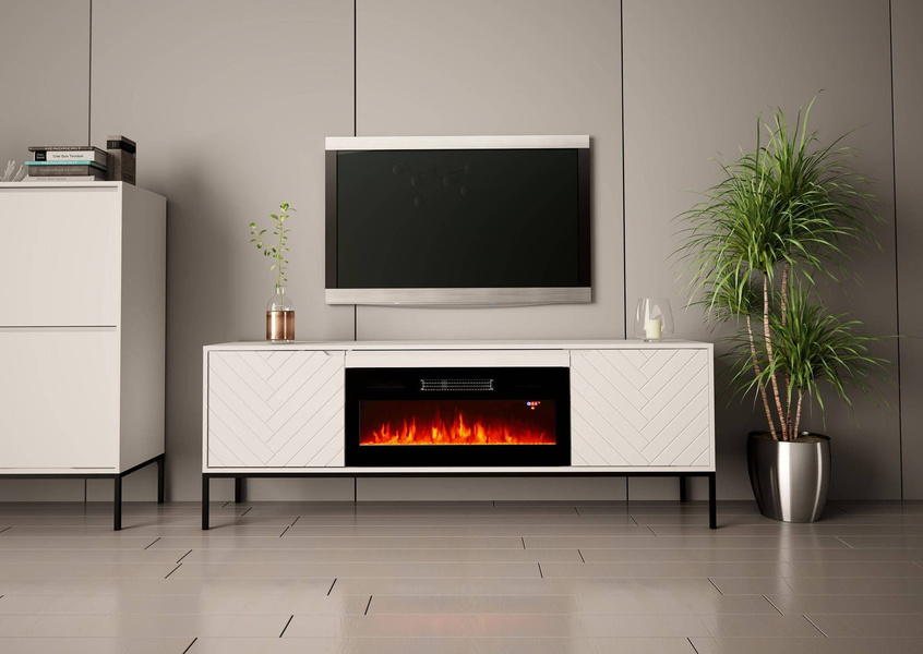 ASPEN-02 - Komoda RTV 2D z Kominkiem Elektrycznym Biały Mat Czarny Stelaż