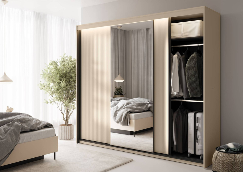 TREND TS-02 - Szafa 3-drzwiowa z Lustrem i LED Beż Piaskowy Czarny Mat