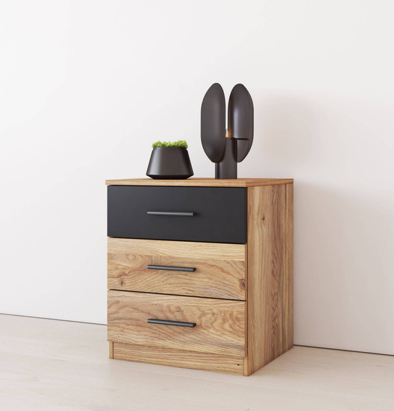 Beta – Szafka Nocna 3 Szuflady Dąb Mauvella Czarny mat