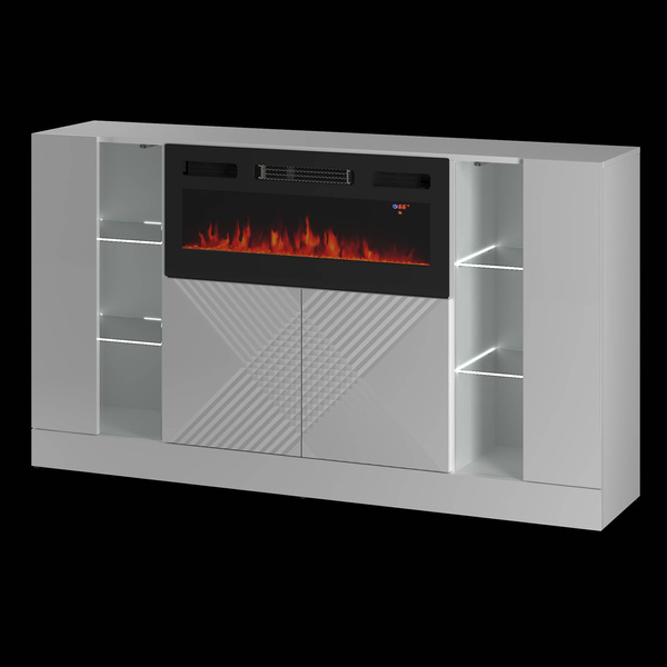 DIUNA-01 - Komoda 4D z Oświetleniem LED i Kominkiem Elektrycznym Biały Mat Biały Połysk