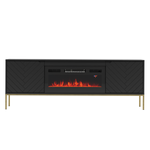 ASPEN-02 - Komoda RTV 2D z Kominkiem Elektrycznym Czarny Mat Złoty Stelaż