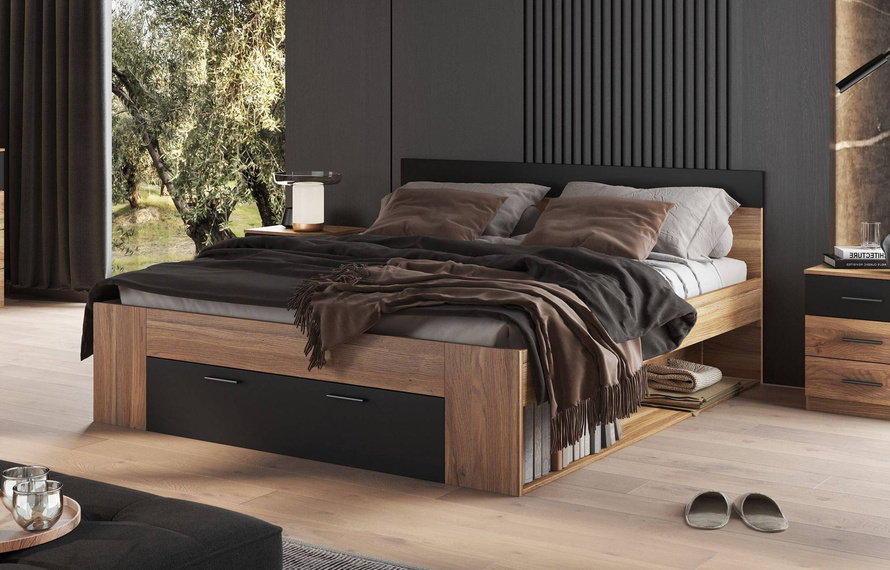 Beta – Łóżko 180/200 cm z Szufladami Dąb Mauvella Czarny mat