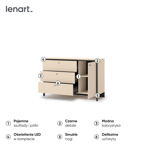 ENNA EN-04 - Komoda 1D3S z Oświetleniem LED Beżowy Mat Czarny Mat