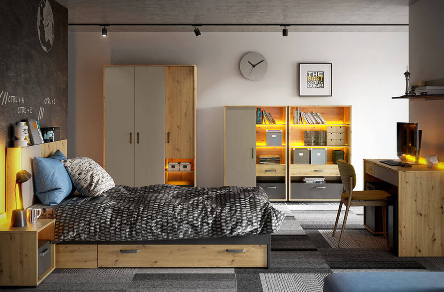 QUBIC QB-08 - Biurko Z Oświetleniem Dąb Artisan/Stal/Silk Flou