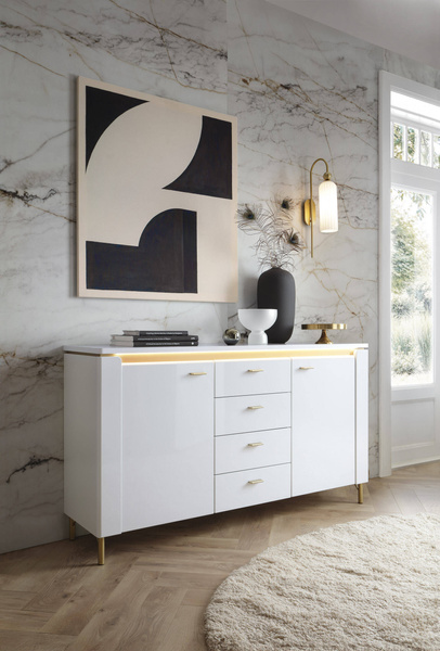 Lazio LAZK02 – Komoda 2D4S z Oświetleniem LED Biały Alpejski/Biały Połysk/Złoty