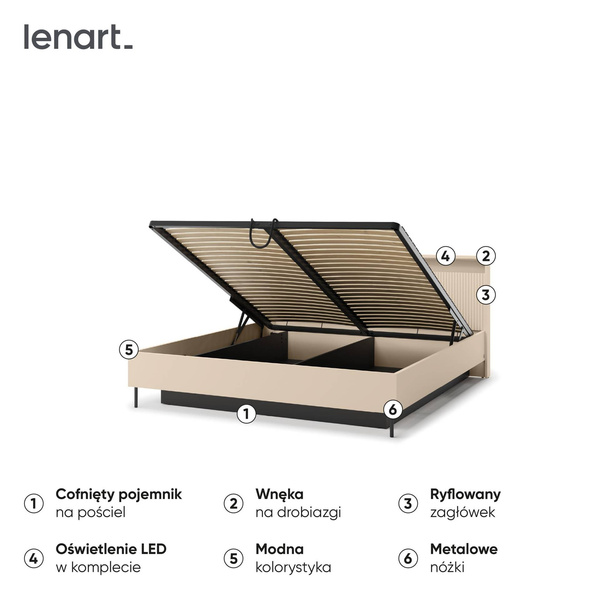 TREND TS-03 (180) - Łóżko 180 cm ze Stelażem Beż Piaskowy Czarny Mat