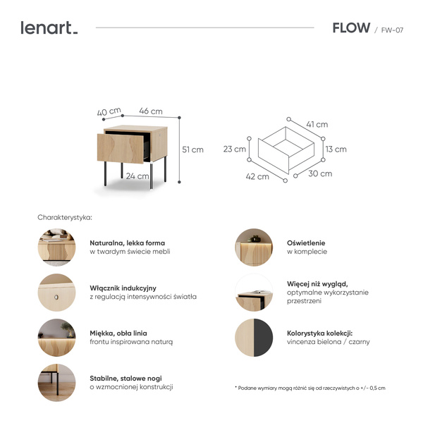 FLOW FW-07 - Szafka Nocna 1S z Oświetleniem Dąb Vincenza Bielona Czarny Mat