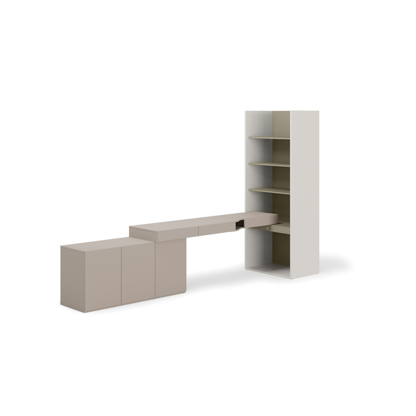 WOOW SET-WOS8LE - Zestaw Komoda i Biurko Lewe/Regał Szeroki Szampański/Eukaliptus/Clay Grey