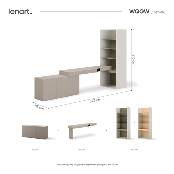 WOOW SET-WOS8LE - Zestaw Komoda i Biurko Lewe/Regał Szeroki Szampański/Eukaliptus/Clay Grey